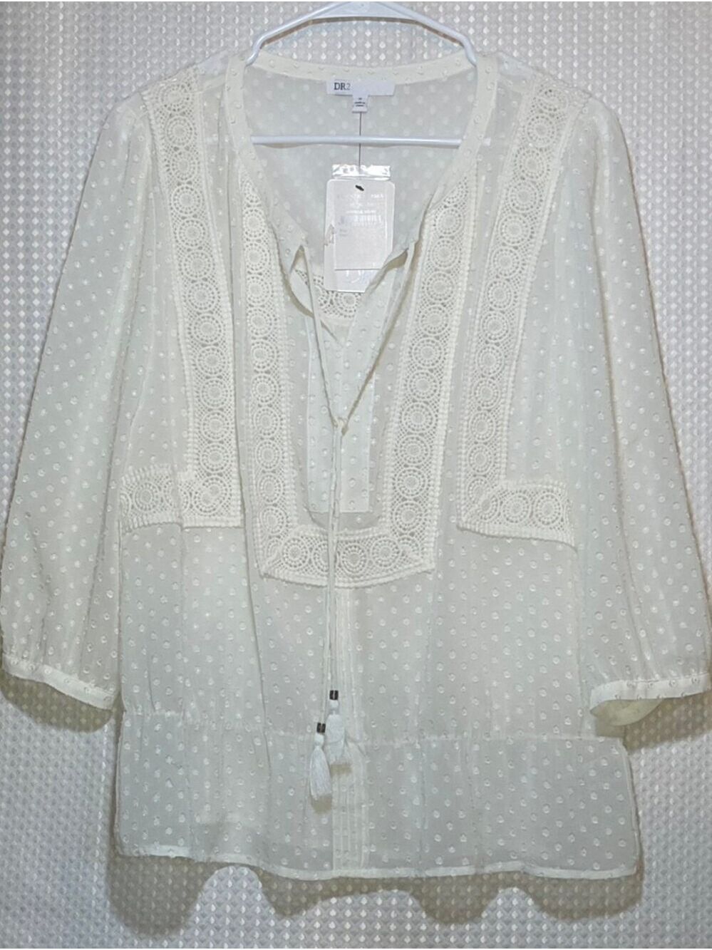 Boho Swiss Dot Crochet Lace Tassel Blouse Top Romantic Cottagecore NWT Medium - Picture 7 of 13